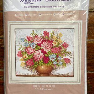 Maydear Cross Stitch Pre-Printed Stamped Kit H005 Pink Rose Floral Bouquet NEW